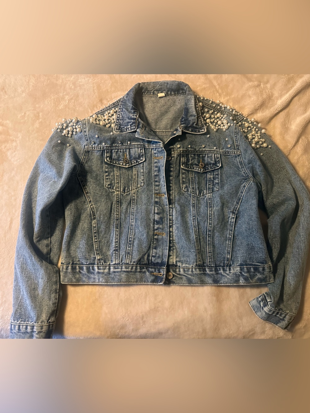 Pearl-Embellished Light Wash Denim Jacket
